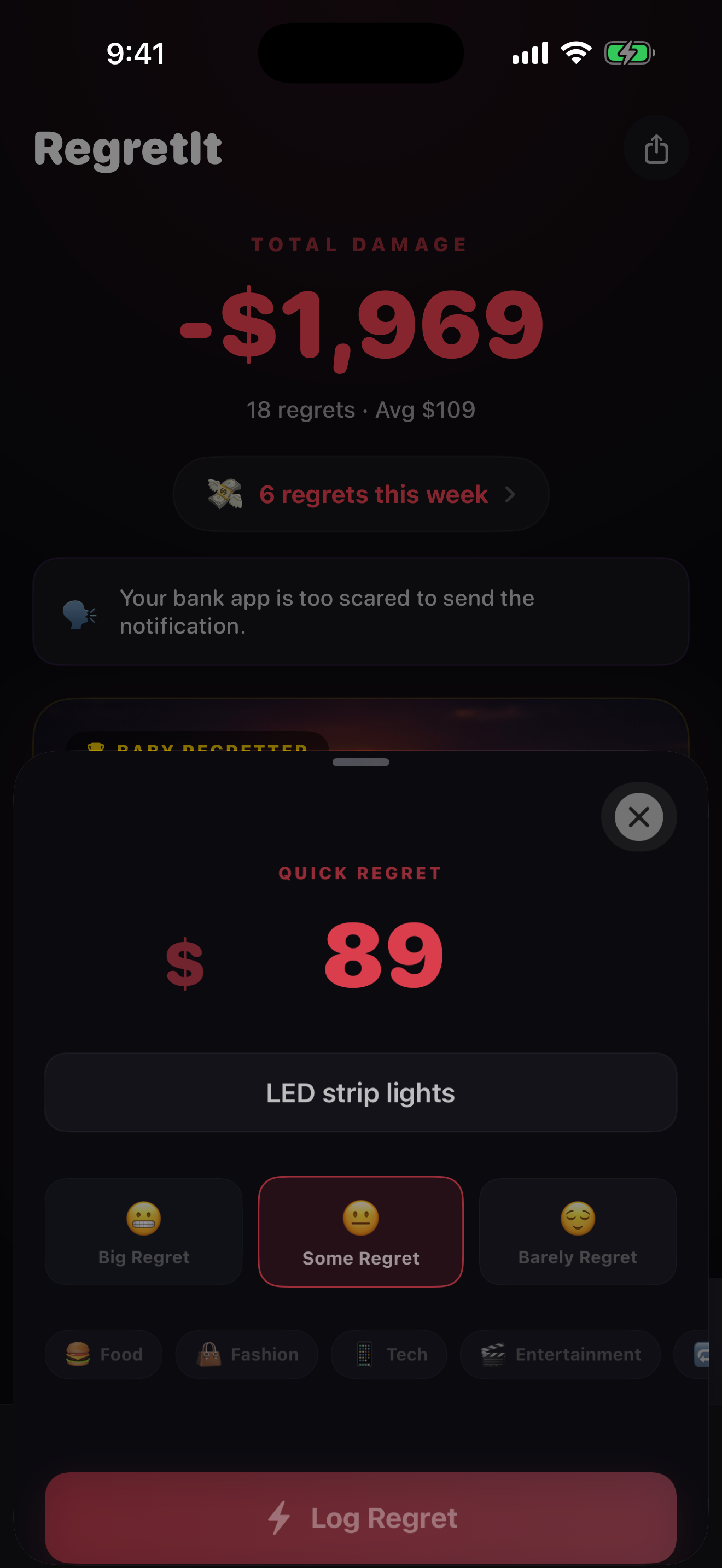 RegretIt quick add — $89 LED strip lights, three regret levels with Some Regret selected, category chips for Food/Fashion/Tech/Entertainment