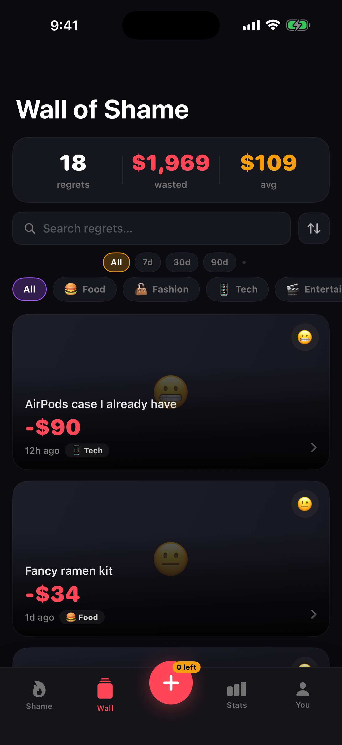 RegretIt Wall of Shame — 18 regrets, $1,969 wasted, $109 average, category filters (Food, Fashion, Tech, Entertainment), entries for AirPods case and fancy ramen kit